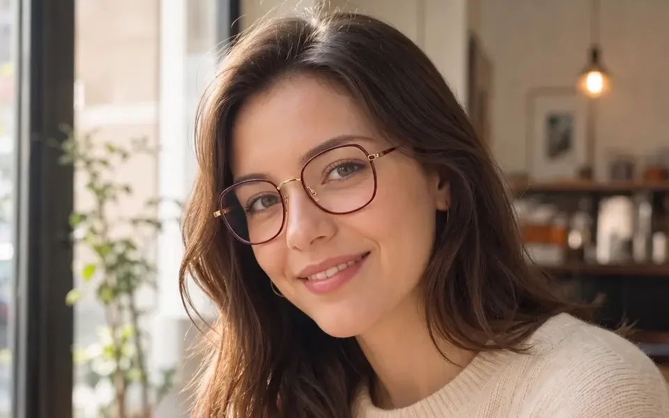 PSR02362 metal optical frame with thin acetate eyerim worn by model