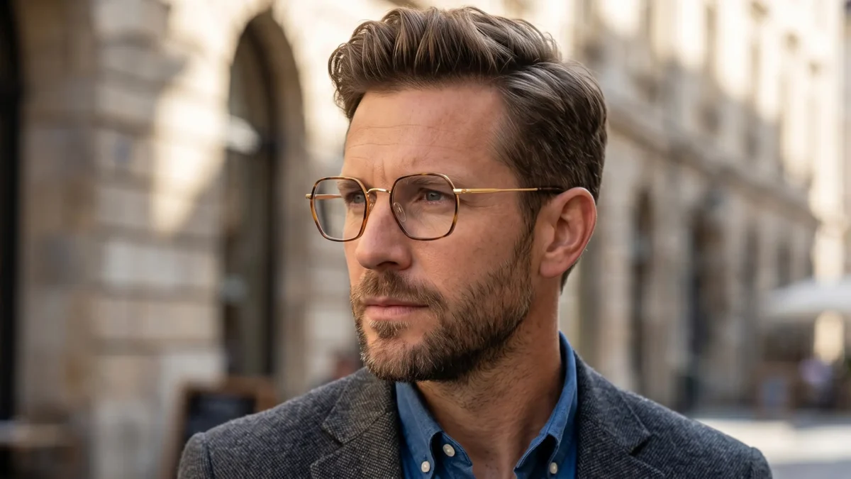 Man with brown hair and beard wearing gold-rimmed glasses, looking thoughtful in a city street.