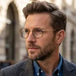 Man with brown hair and beard wearing gold-rimmed glasses, looking thoughtful in a city street.